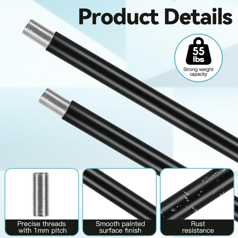 Haligate Matte Black M10 Threaded Extension Rod Set for Pendant Light, Island Lighting, Chandeliers,Lighting Fixture Downrods & Stems, 8 Lighting Fixture Downrods & 4 Adapters - Image 4